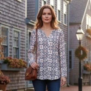 Liz Claiborne WOMEN BOHO Tunic Retro Geo Print XL TOP RELAXED Long SLEEVE V NECK
